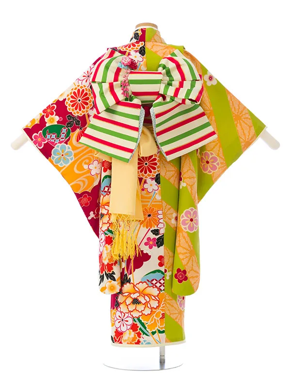 七五三(7歳女)HAP7814 ｸﾘｰﾑ×鶸 吉祥古典柄