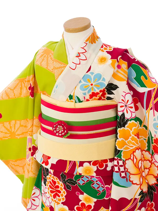 七五三(7歳女)HAP7814 ｸﾘｰﾑ×鶸 吉祥古典柄