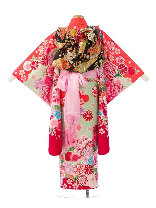 七五三(7歳女)E-7-845 赤/薄緑地 檜扇と牡丹