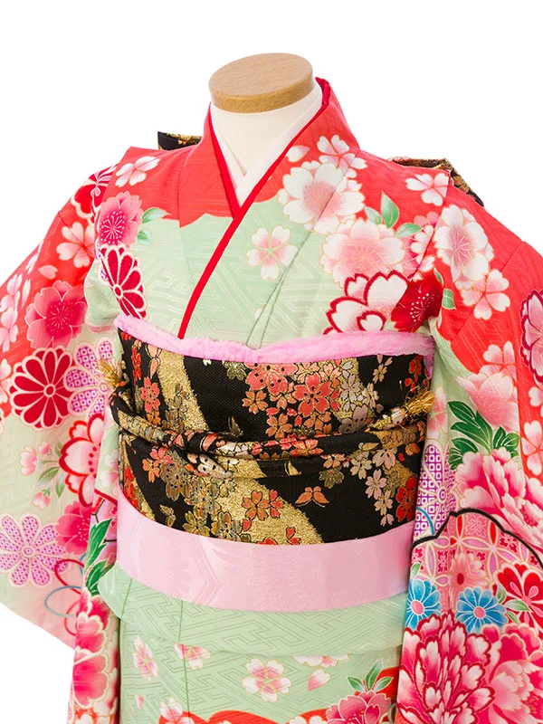 七五三(7歳女)E-7-845 赤/薄緑地 檜扇と牡丹