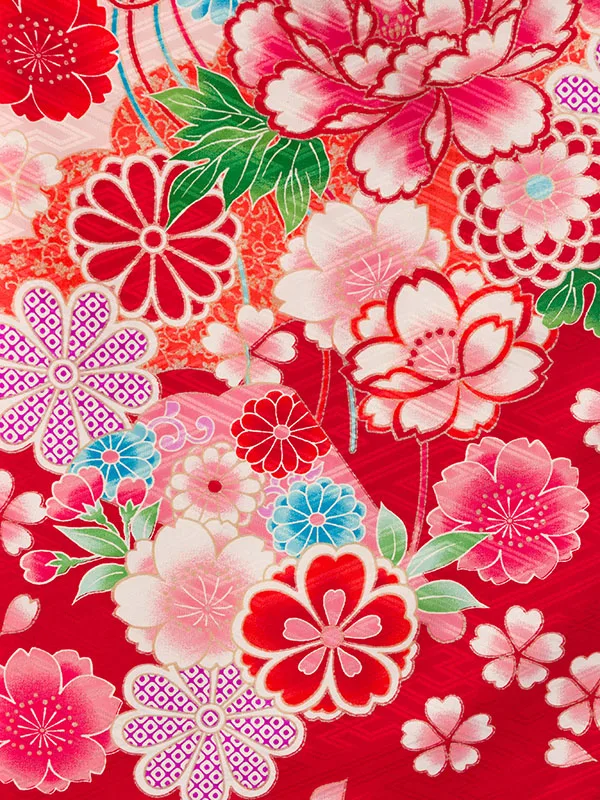 七五三(7歳女)E-7-845 赤/薄緑地 檜扇と牡丹