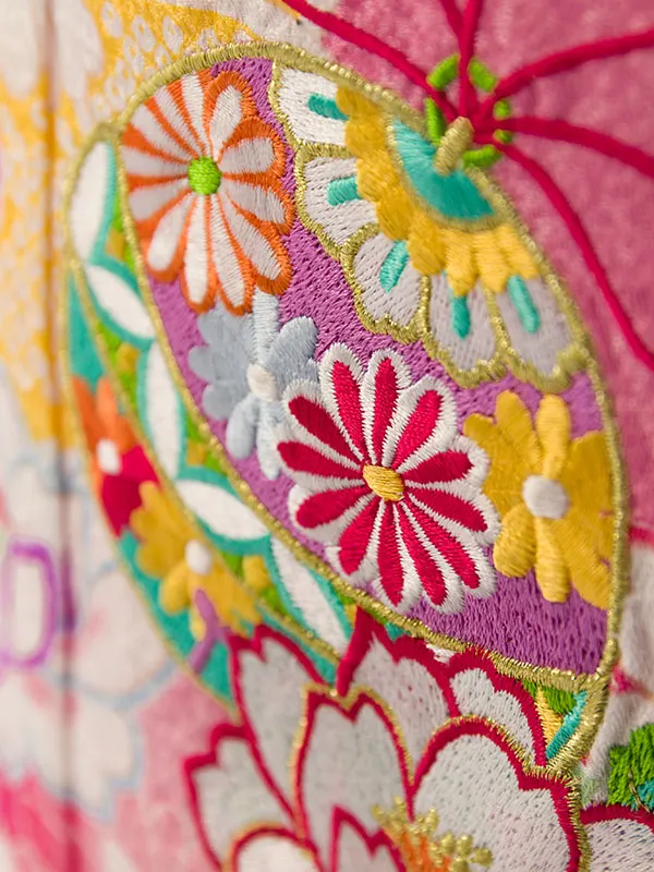 七五三(7歳女)E-7-856 ﾋﾟﾝｸ地 桜菊と鞠