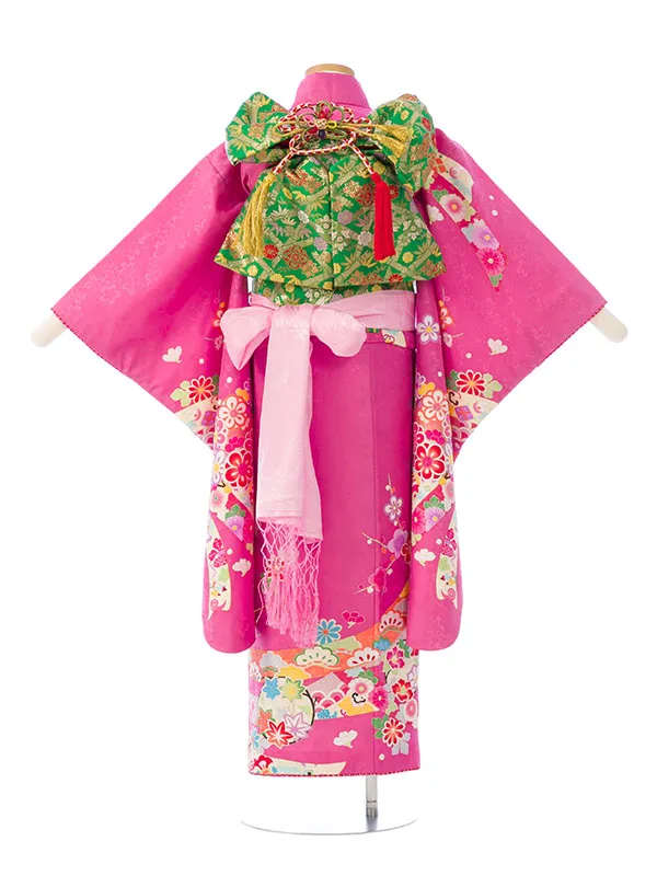 七五三(7歳女)E-7-870 ﾋﾟﾝｸ地 桜地紋 花輪に熨斗目 古典柄