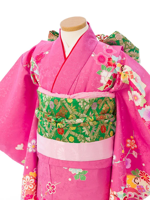 七五三(7歳女)E-7-870 ﾋﾟﾝｸ地 桜地紋 花輪に熨斗目 古典柄