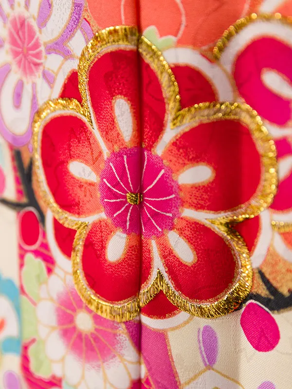 七五三(7歳女)E-7-870 ﾋﾟﾝｸ地 桜地紋 花輪に熨斗目 古典柄