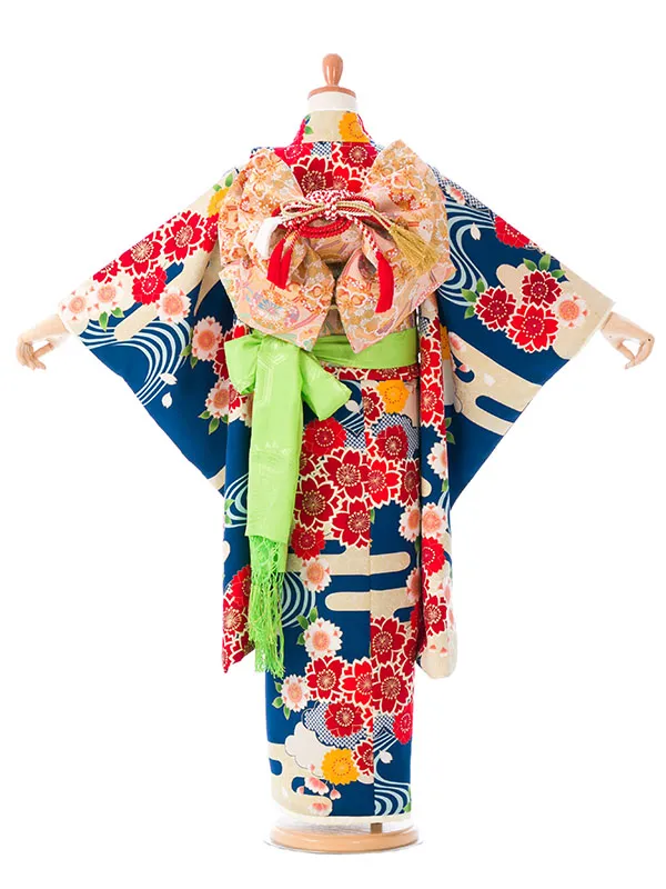 七五三(7歳女)E-7-916 紺地 桜 霞文に流水 金彩