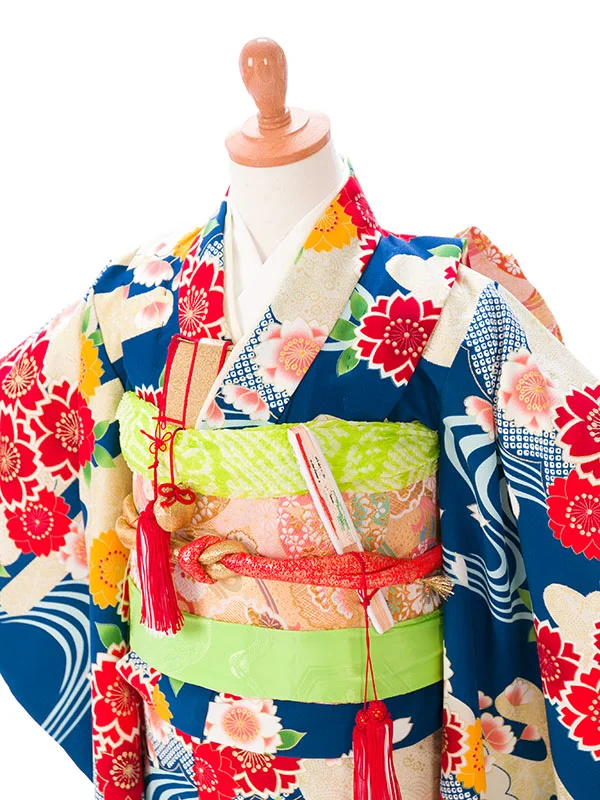 七五三(7歳女)E-7-916 紺地 桜 霞文に流水 金彩