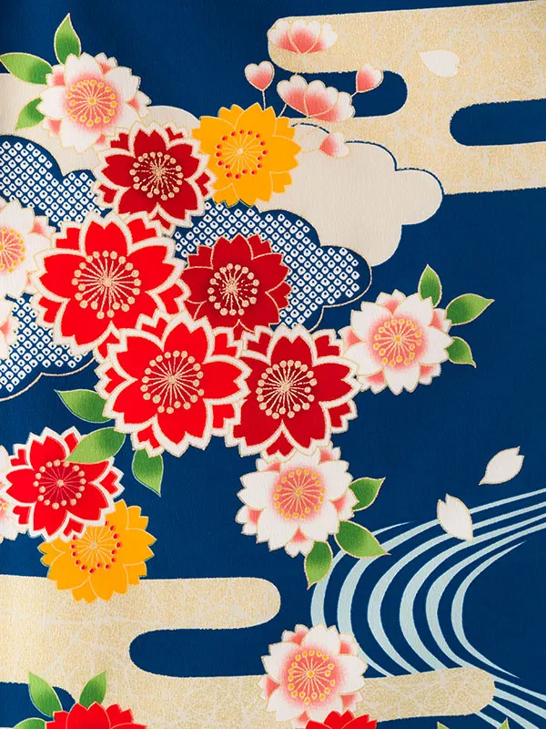 七五三(7歳女)E-7-916 紺地 桜 霞文に流水 金彩