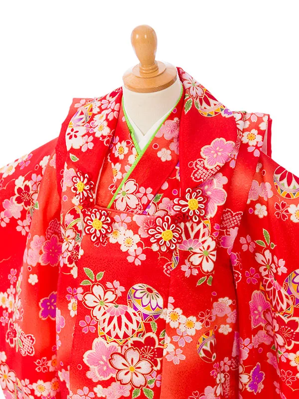 七五三(3歳女被布)HAPH181 朱赤地 桜 鞠