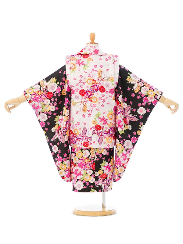 七五三(3歳女被布)E-H-201 白|黒地 小桜 鞠 蝶