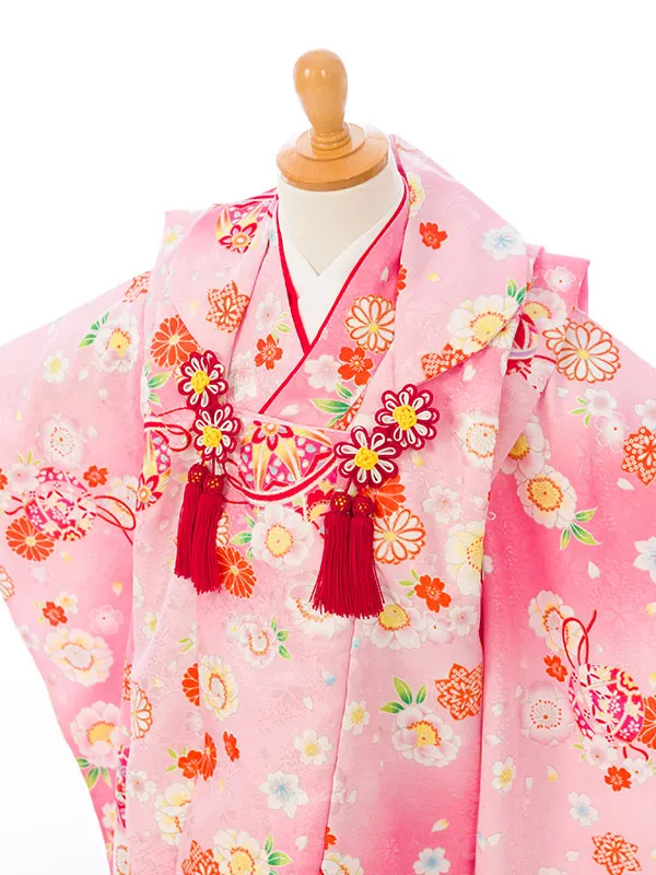 七五三(3歳女被布)E-H-236 ピンク地 鞠 桜楓文様