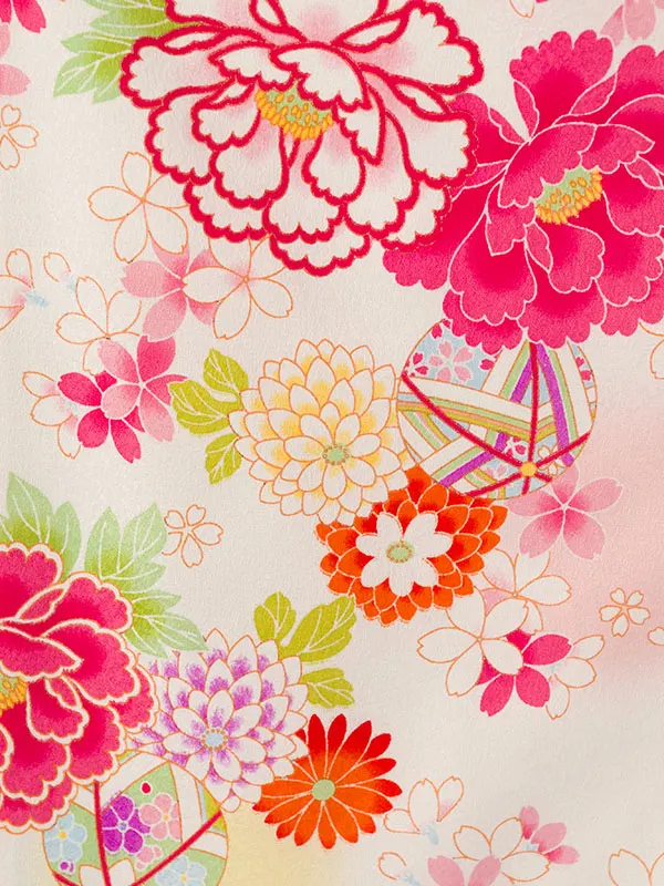 七五三(3歳女被布)E-H-275 花うさぎ ピンク×赤/白地 牡丹 桜 鞠