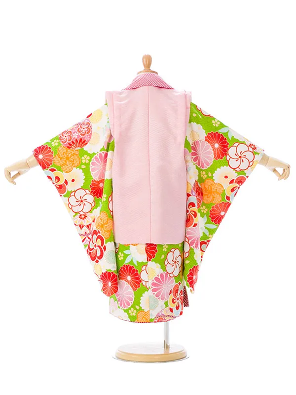 七五三(3歳女被布)HAPH605 ﾋﾟﾝｸ 花の丸|黄緑 ねじり梅