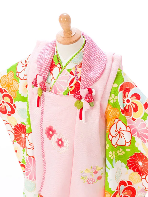 七五三(3歳女被布)HAPH605 ﾋﾟﾝｸ 花の丸|黄緑 ねじり梅