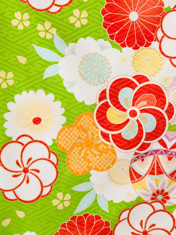 七五三(3歳女被布)HAPH605 ﾋﾟﾝｸ 花の丸|黄緑 ねじり梅