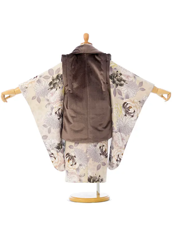 七五三(3歳女被布)HAPH719 茶色ﾍﾞﾛｱ|ｸﾘｰﾑ牡丹
