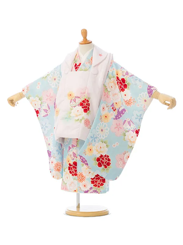 七五三(3歳女被布)HAPH745 ﾋﾟﾝｸ|水色鞠に四季花