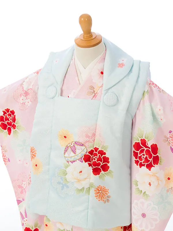 七五三(3歳女被布)HAPH746 水色|ﾋﾟﾝｸ鞠に四季花