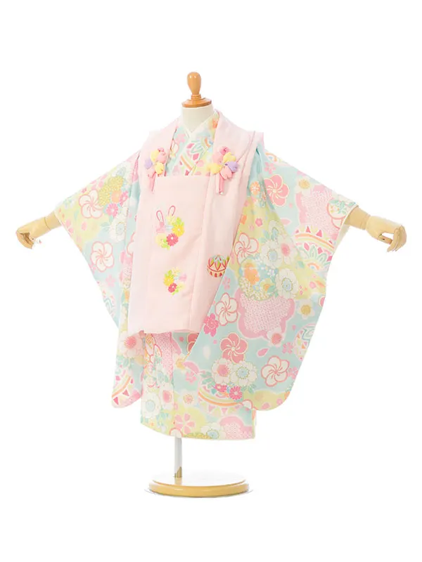 七五三(3歳女被布)HAPH756 ﾋﾟﾝｸ|水色 鞠に桜梅