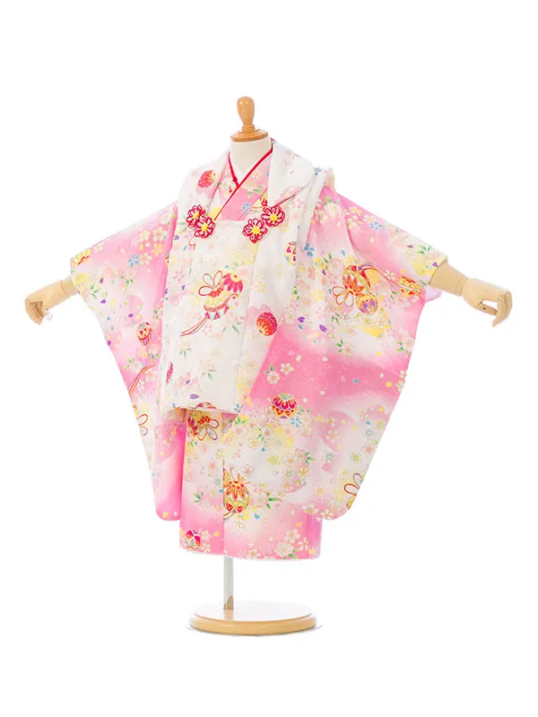 七五三(3歳女被布)HAPH764 白 鞠に桜|ﾋﾟﾝｸ 白ぼかし 鞠に桜