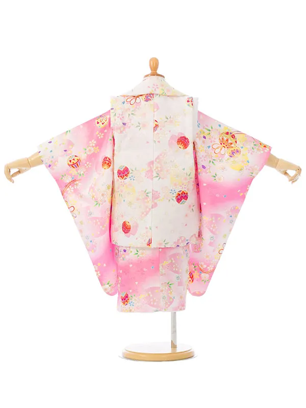 七五三(3歳女被布)HAPH765 白 鞠に桜|ﾋﾟﾝｸ 白ぼかし 鞠に桜