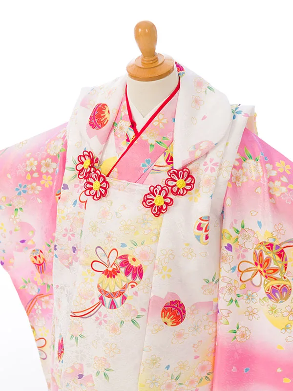 七五三(3歳女被布)HAPH765 白 鞠に桜|ﾋﾟﾝｸ 白ぼかし 鞠に桜