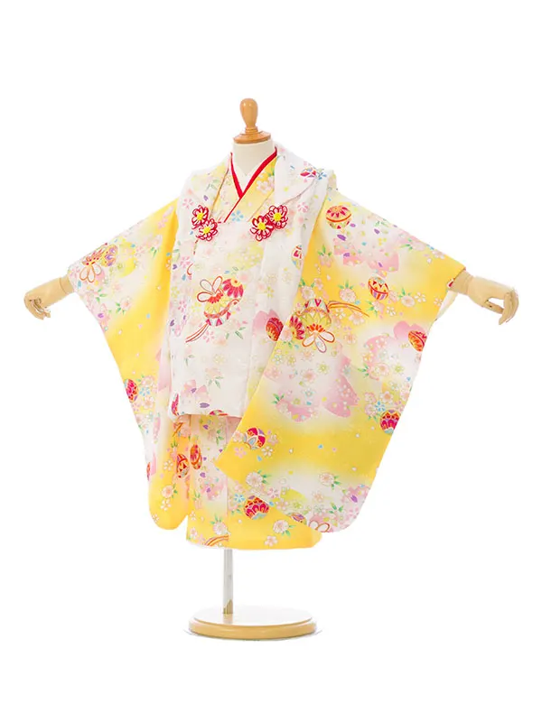 七五三(3歳女被布)HAPH769 白 鞠に桜|黄色/白ぼかし 鞠に桜