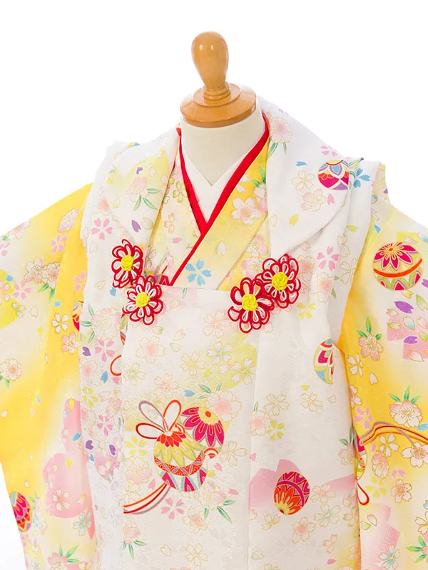 七五三(3歳女被布)HAPH769 白 鞠に桜|黄色/白ぼかし 鞠に桜