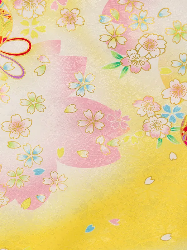 七五三(3歳女被布)HAPH769 白 鞠に桜|黄色/白ぼかし 鞠に桜