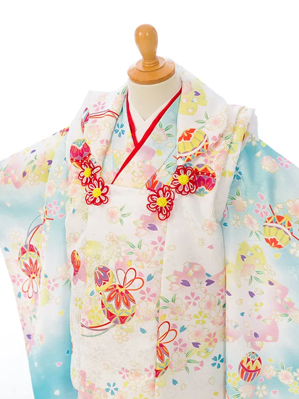 七五三(3歳女被布)HAPH771 白 鞠に桜|水色 白ぼかし 鞠に桜