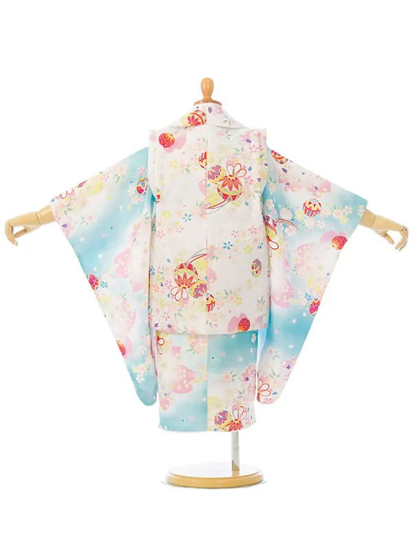 七五三(3歳女被布)HAPH772 白 鞠に桜|水色 白ぼかし 鞠に桜