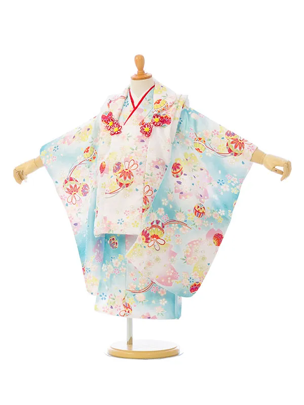 七五三(3歳女被布)HAPH774 白 鞠に桜|水色 白ぼかし 鞠に桜