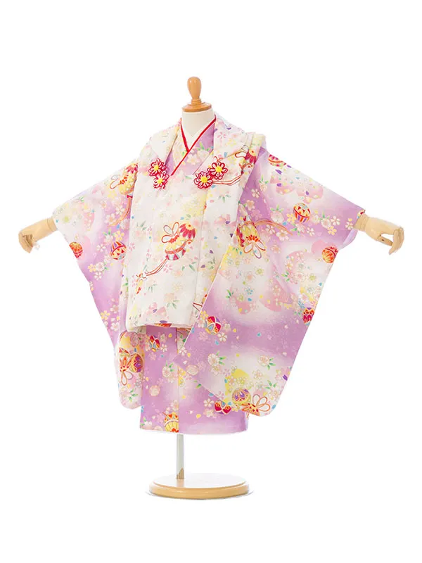 七五三(3歳女被布)HAPH776 白 鞠に桜|薄紫 白ぼかし 鞠に桜