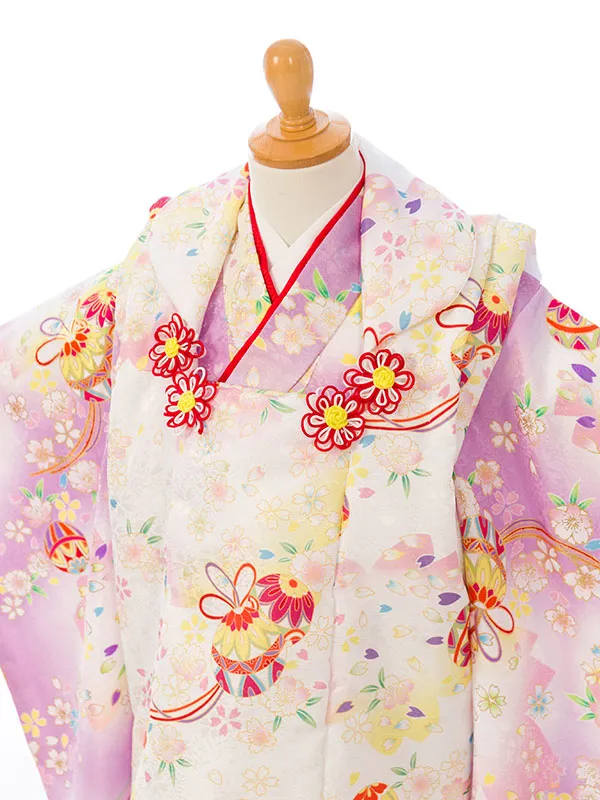 七五三(3歳女被布)HAPH776 白 鞠に桜|薄紫 白ぼかし 鞠に桜