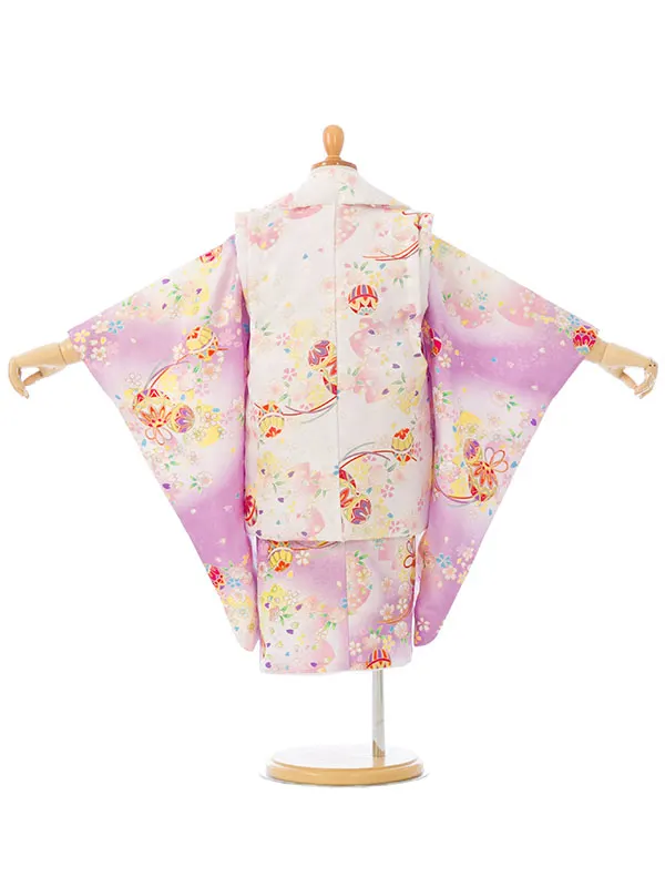 七五三(3歳女被布)HAPH777 白 鞠に桜|薄紫 白ぼかし 鞠に桜