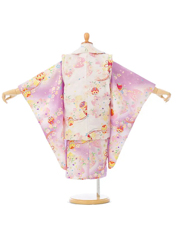 七五三(3歳女被布)HAPH779 白 鞠に桜|薄紫 白ぼかし 鞠に桜