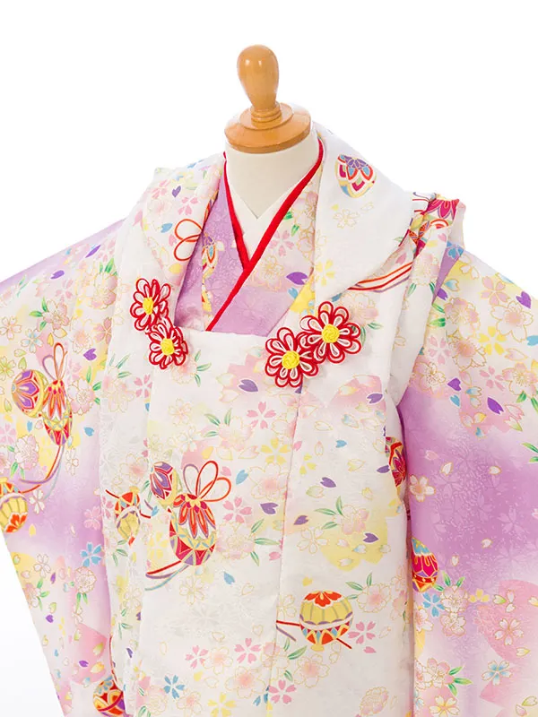 七五三(3歳女被布)HAPH779 白 鞠に桜|薄紫 白ぼかし 鞠に桜
