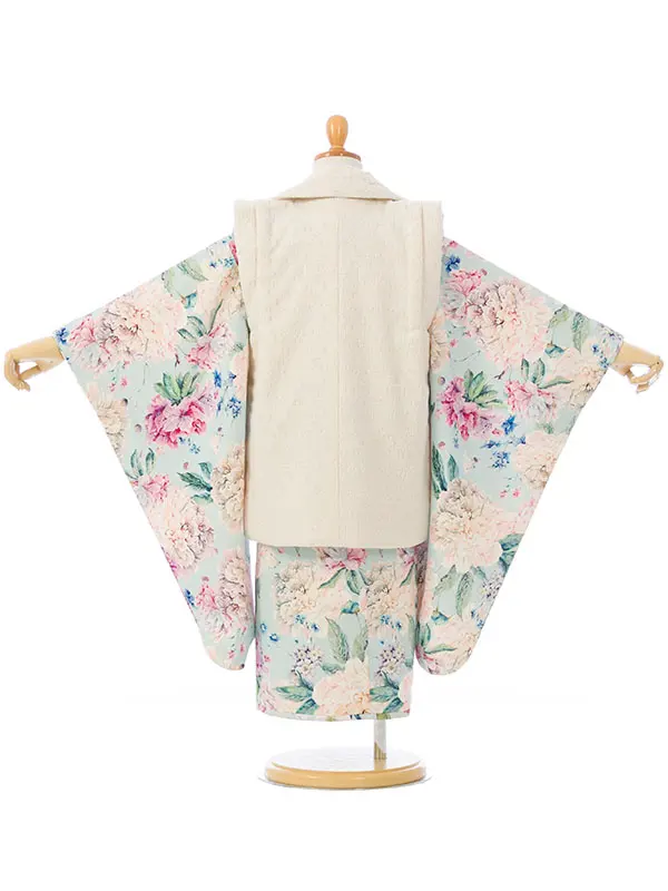 七五三(3歳女被布)HAPH786 ｵﾌ白ﾚｰｽ|水色ﾌﾗﾜｰ