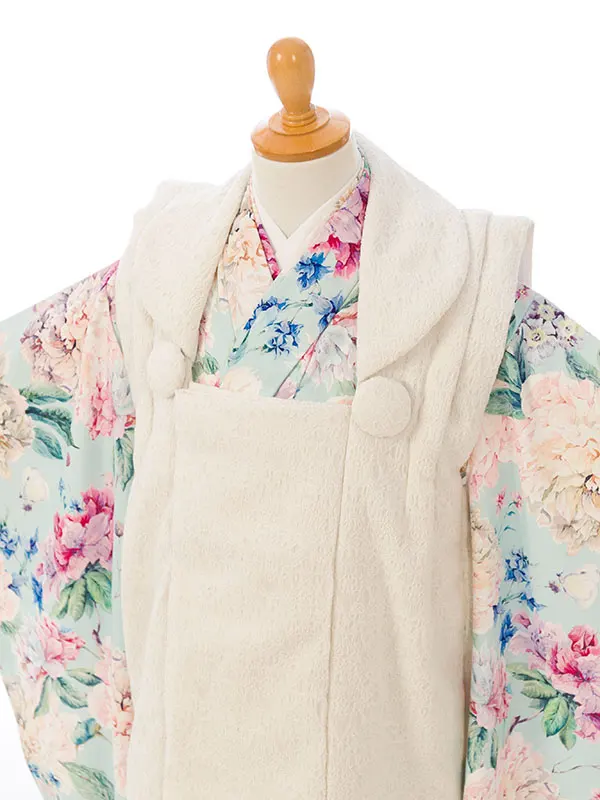 七五三(3歳女被布)HAPH786 ｵﾌ白ﾚｰｽ|水色ﾌﾗﾜｰ