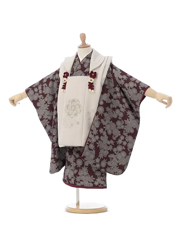 七五三(3歳女被布)HAPH790 ﾍﾞｰｼﾞｭ ねじり梅|茶 四季花