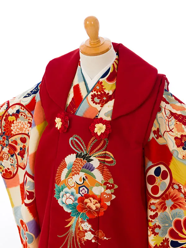 七五三(3歳女被布)HAPH791 赤 薬玉に鶴|市松 雪輪にねじり梅