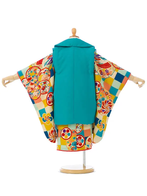 七五三(3歳女被布)HAPH792 水色薬玉に鶴|ﾌﾞﾙｰ市松 雪輪 ねじり梅