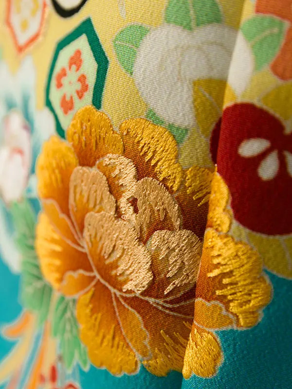 七五三(3歳女被布)HAPH792 水色薬玉に鶴|ﾌﾞﾙｰ市松 雪輪 ねじり梅