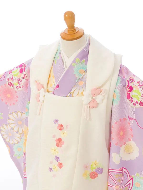 七五三(3歳女被布)HAPH802 白 花刺繍|藤色 雪輪