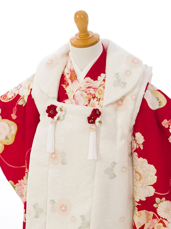 七五三(3歳女被布)HAPH815 ﾍﾞｰｼﾞｭ 菊尽くし|赤 熨斗丸に牡丹