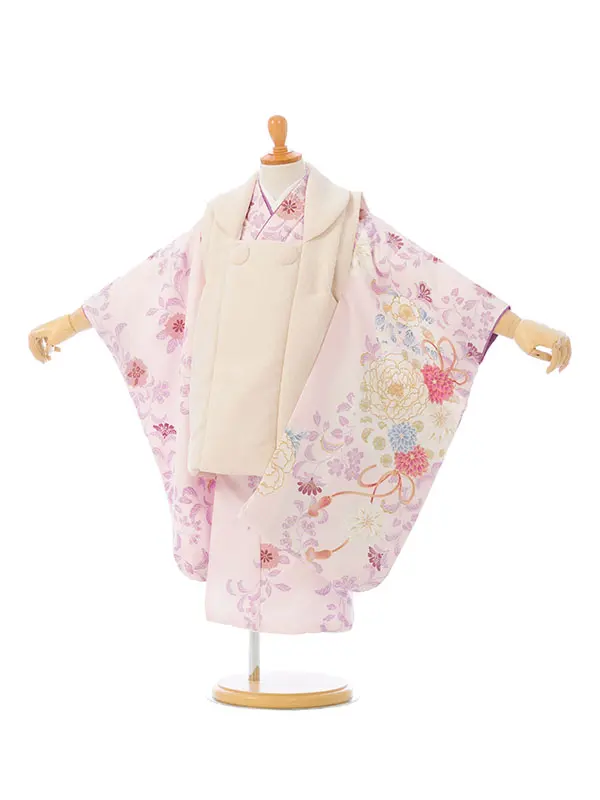 七五三(3歳女被布)HAPH837 ｵﾌ白|ﾋﾟﾝｸ花唐草文様