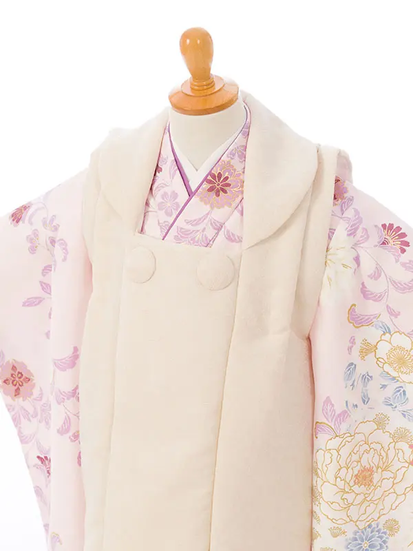 七五三(3歳女被布)HAPH837 ｵﾌ白|ﾋﾟﾝｸ花唐草文様