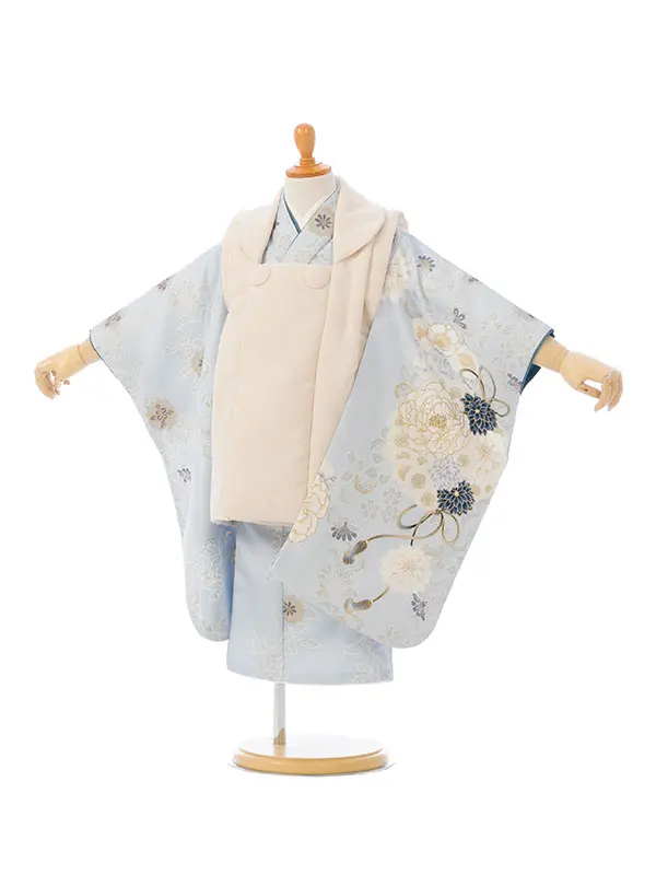 七五三(3歳女被布)HAPH838 ｵﾌ白|ﾌﾞﾙｰ花唐草文様