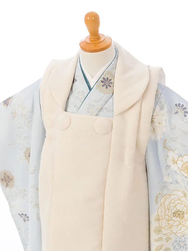 七五三(3歳女被布)HAPH838 ｵﾌ白|ﾌﾞﾙｰ花唐草文様