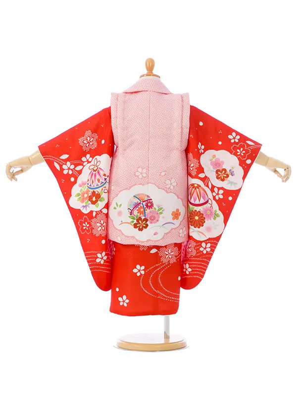 七五三(3歳女被布)HAPH839 ﾋﾟﾝｸ疋田|朱赤 雲取りに花車